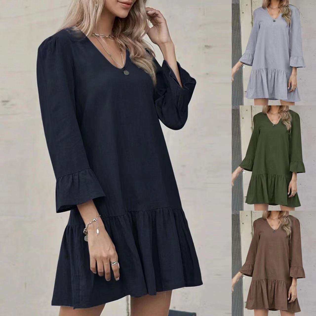 2024女装中裙宽松领纯色褶皱喇叭中袖棉麻女连衣裙women clothes