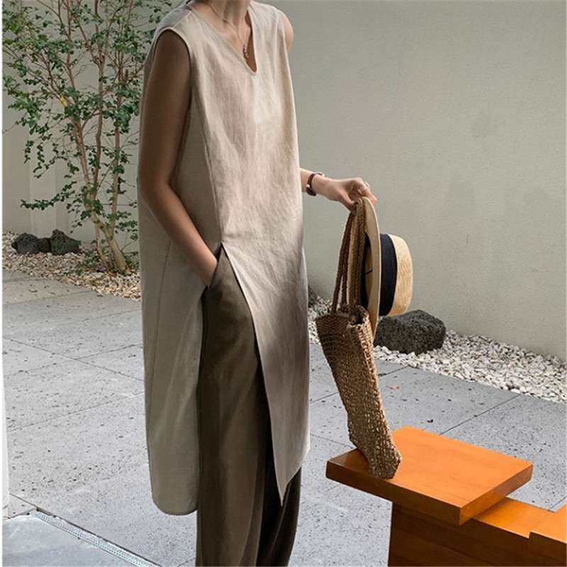 2024衣裙无袖简约v领背心裙子过膝衬衫女棉麻连衣裙women clothes