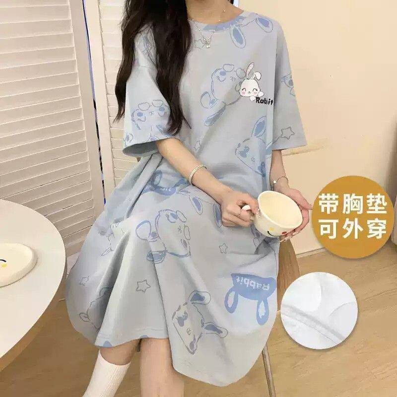 带胸垫睡裙女夏季薄款一体式纯棉卡通夏天短袖睡衣网红风蓝色可爱