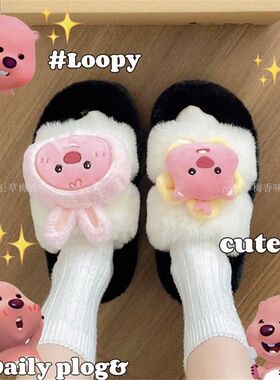 新款可爱卡通拖鞋海狸毛毛拖鞋厚底露比玩偶棉拖家居冬外出