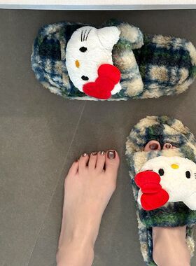 可爱复古卡通猫咪包头毛毛拖鞋女2025新款冬季外穿加绒居家棉拖鞋