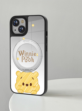 镜面支点壳适用于苹果16pro手机壳磁吸iphone15promax新款360度旋转支架ip14plus小众高级13镜子熊11pro女款