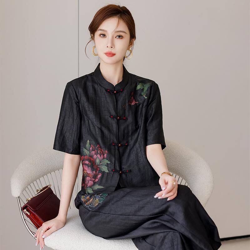 高端香云纱中式唐装手绘时尚套装复古开衫上衣女高腰阔腿裤两件套