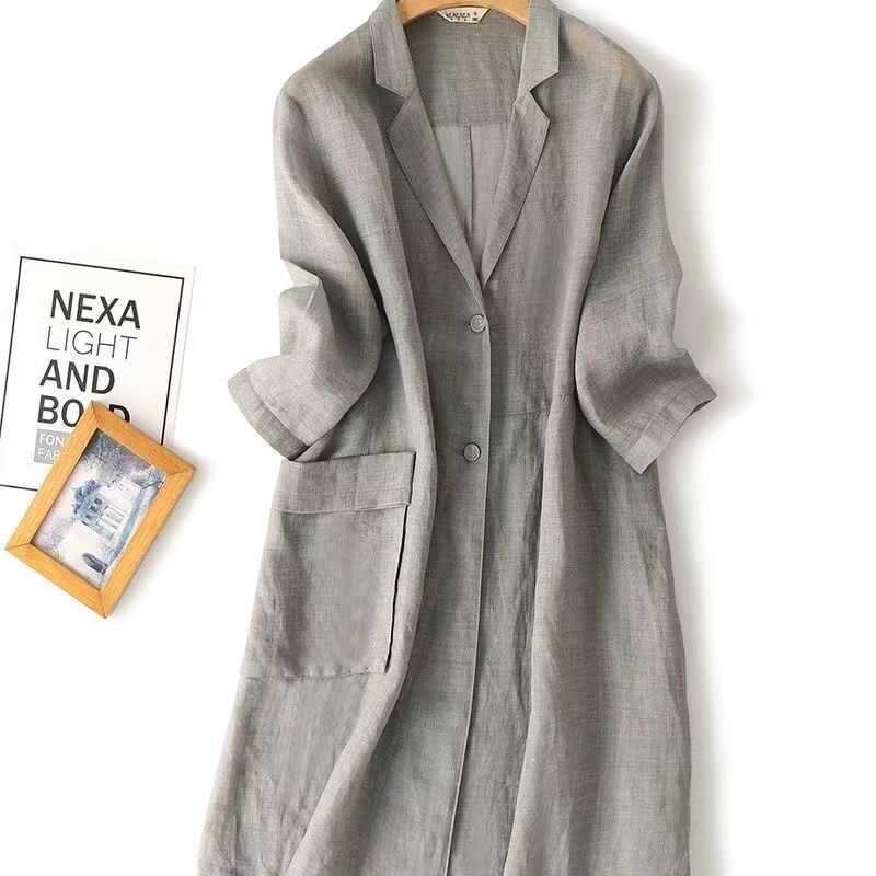 大品牌女装外贸货原单苎麻棉防晒开衫西服外套中长款