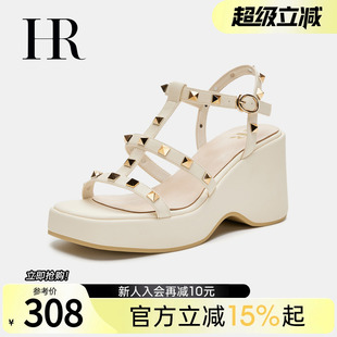 子2025年夏季 百搭露趾时尚 HR赫莲娜女鞋 新款 铆钉搭扣厚底时装 凉鞋