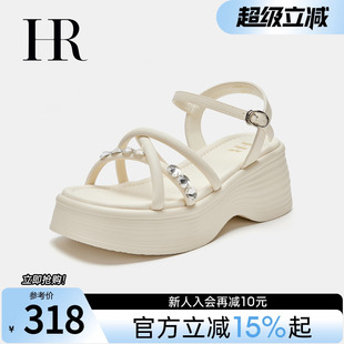 厚底防水台水钻时尚 HR赫莲娜女鞋 一字带凉鞋 子2025年夏季 露趾 新款