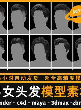 人物头发模型男女性头发OBJ格式3d带贴图C4D/MAYA/Blender素材