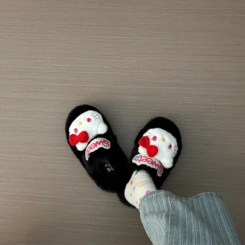 hellokitty棉拖鞋毛毛绒包头一字拖冬季室内家居保暖女士可爱厚底