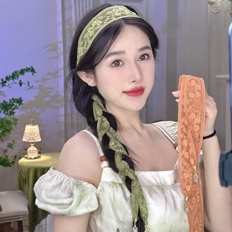 2023新款女法式蕾丝发带领巾小丝巾长条绑发编丝带麻花辫头饰绿色