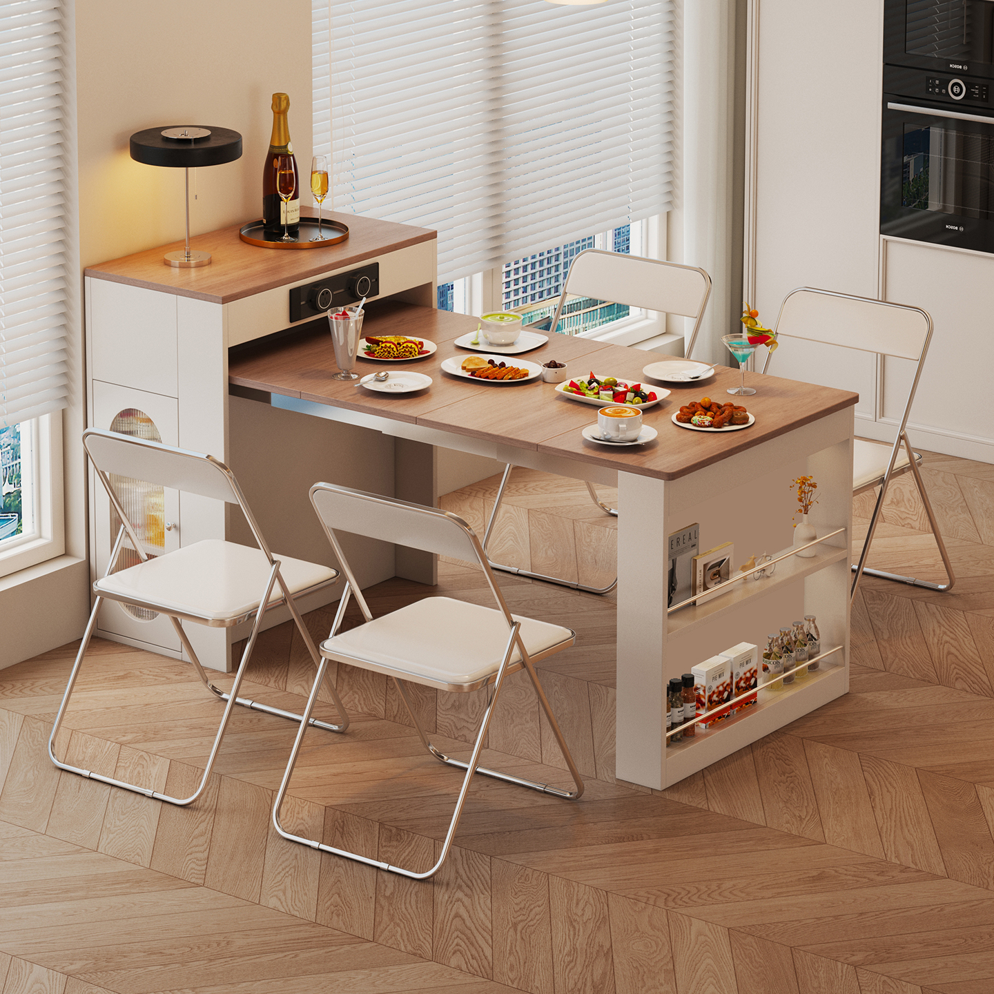 中古奶油风岛台餐桌一体可伸缩