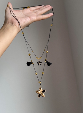 黑金拼色双花项链女小众双层叠戴