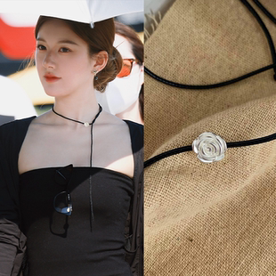 黑绳毛衣链配饰女 抽拉式 许我耀眼许妍赵露思同款 玫瑰项链2025新款