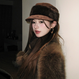 浪漫升级~加厚毛绒马术平顶帽女款2025新款冬复古做旧休闲报童帽