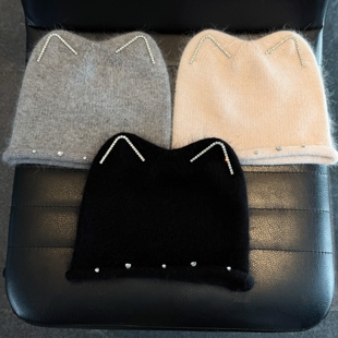 巨软糯细闪猫耳冷帽女款2025新款冬季保暖套头护耳针织帽卷檐帽子