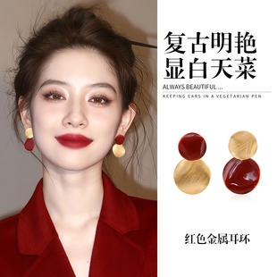 复古港风红色耳钉高级感轻奢气质大气设计感独特耳环方圆脸耳饰女