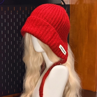 巨显白!新年红色针织法拉帽女款冬季氛围感保暖显脸小时尚包头帽