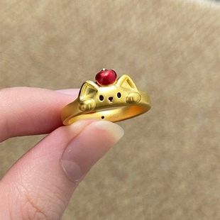 Q萌红苹果猫咪戒指女小众设计轻奢高级感2025新爆款 情侣对戒指环