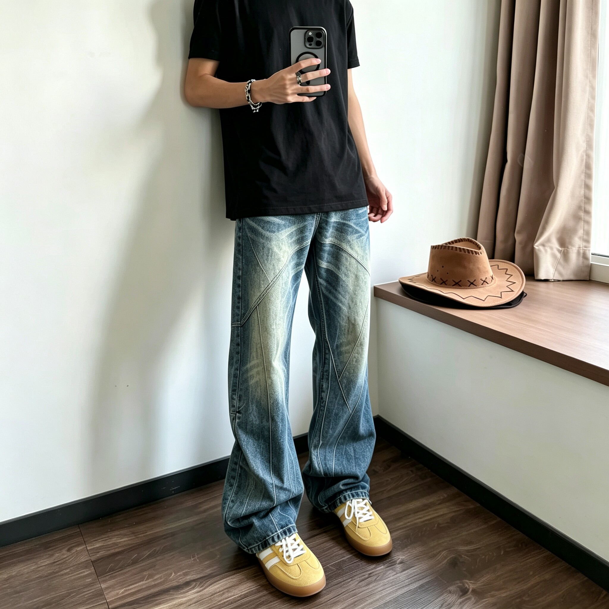 美式复古蓝猫须a版型牛仔裤男街潮通勤风百搭修身直筒微辣长裤子