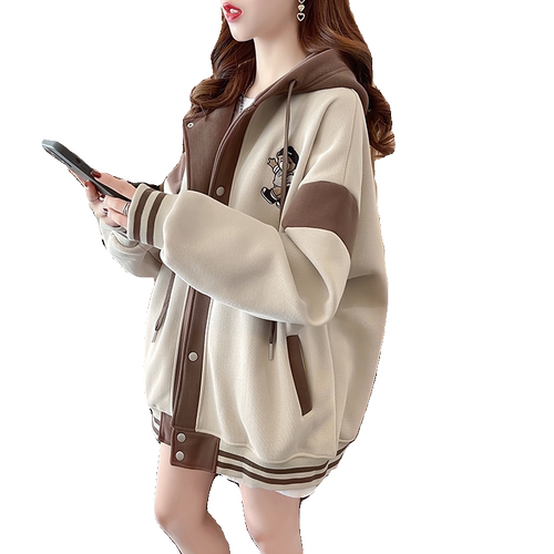 加绒加厚撞色连帽棒球服卫衣女秋冬胖mm大码200斤春秋薄款外套潮