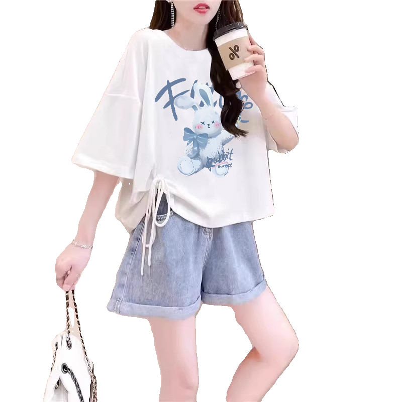 2025夏季超好看纯棉小个子卡通短袖t恤女ins时尚洋气抽绳短款上衣