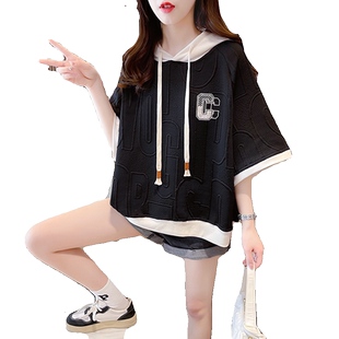 设计感小众连帽短袖t恤女小个子短款夏季大码宽松高级感刺绣上衣
