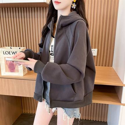 短款小个子加绒加厚连帽卫衣女秋冬款胖mm大码时尚洋气纯色短外套