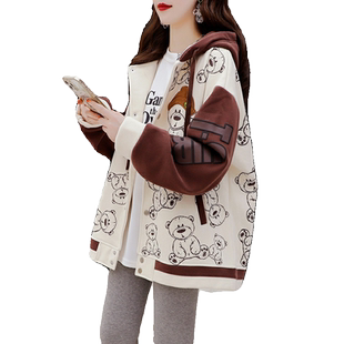 加绒加厚卡通棒球服外套女秋冬款胖mm大码200斤百搭开衫连帽卫衣