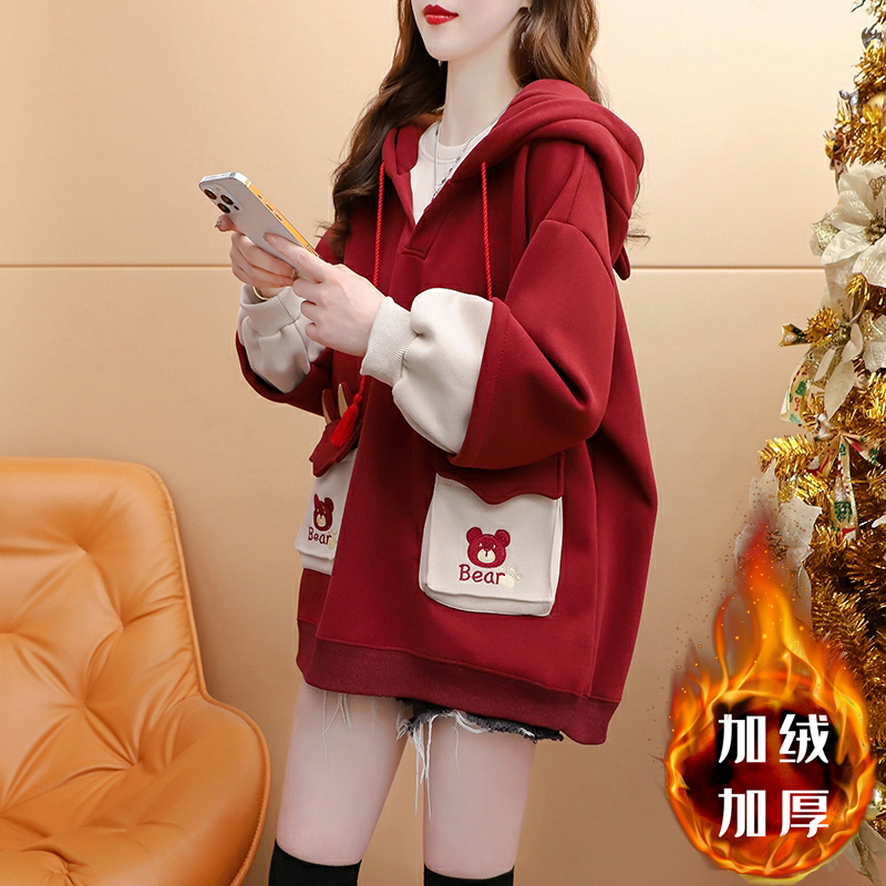 大码胖mm假两件加绒加厚连帽外套