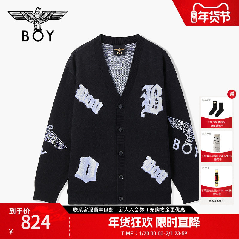 BOYLONDON时尚黑色V领字母提花针织开衫外套春季男女款毛衣N64009,男装,针织衫/毛衣,淘宝优惠券,粉丝福利购,淘宝优惠卷