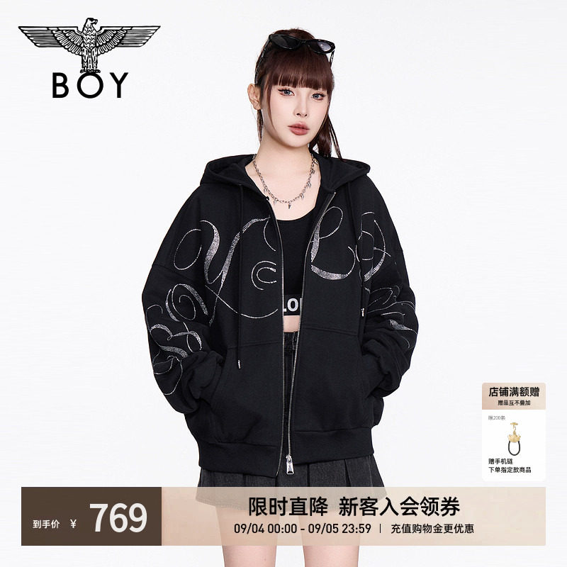 BOYLONDON秋季情侣款潮牌朋克风前卫烫钻连帽卫衣外套开衫N06021