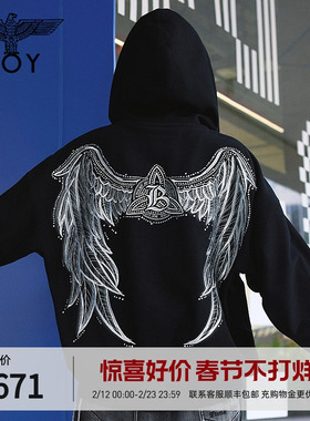 BOYLONDON春季男女同款潮牌绣花时尚长袖连帽开衫卫衣外套N06018