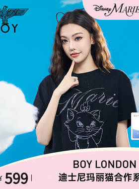 【迪士尼玛丽猫合作】BOYLONDON26春夏黑色烫钻男女短袖T恤N01138