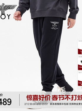 BOYLONDON男女同款长裤经典老鹰潮牌休闲黑色束脚裤N15803