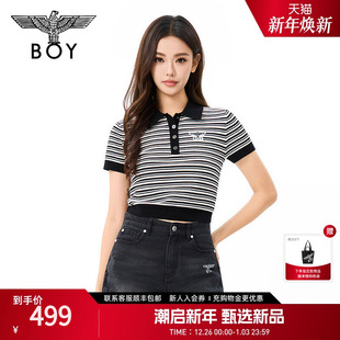 女针织短袖 BOYLONDON复古短款 黑白条纹春夏新款 POLO衫 W01921 修身