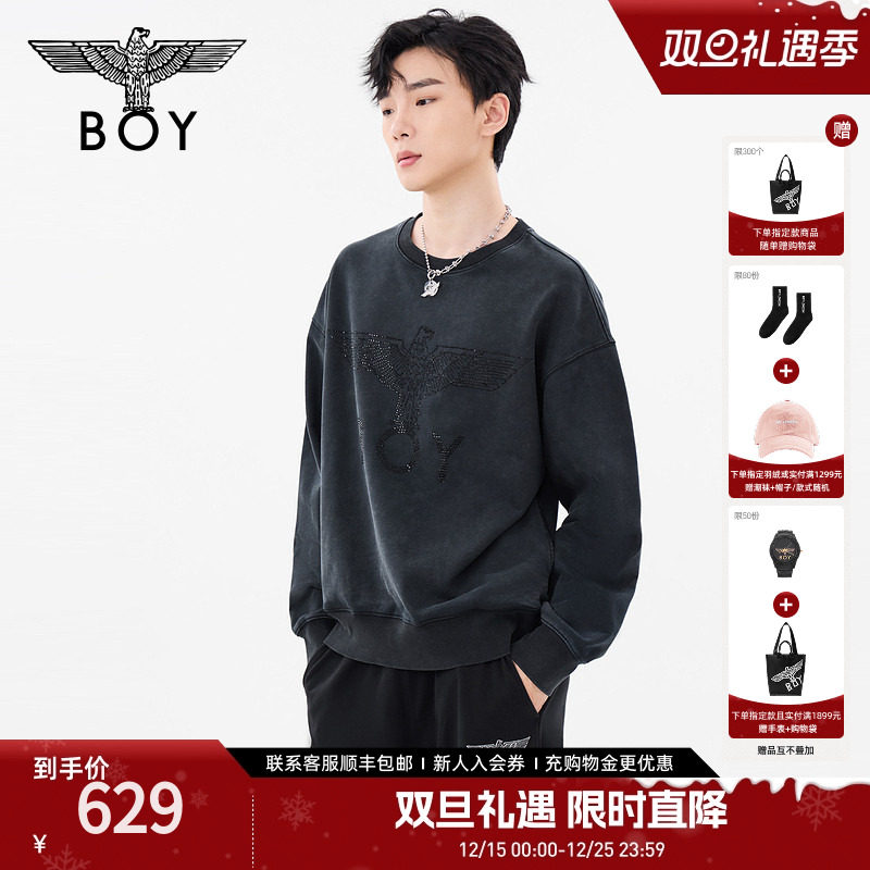 BOYLONDON春季男女同款长袖上衣复古休闲潮牌圆领套头卫衣N