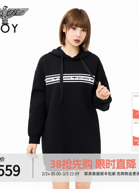 BOYLONDON女款简约黑色印花经典时尚潮牌休闲长袖连衣裙W17908