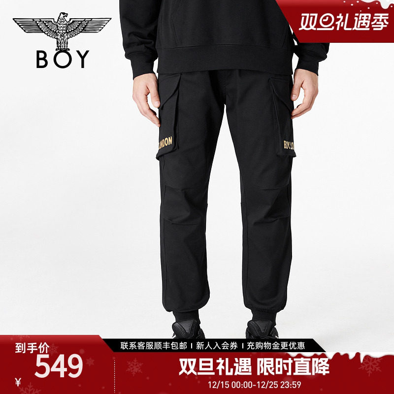 BOYLONDON春季情侣款经典老鹰印花多口袋工装束脚休闲长裤N