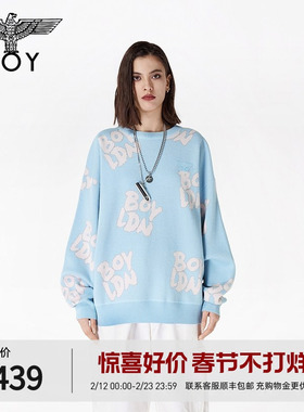 BOYLONDON春季情侣款字母提花甜酷宽松休闲套头长袖毛衣N60002