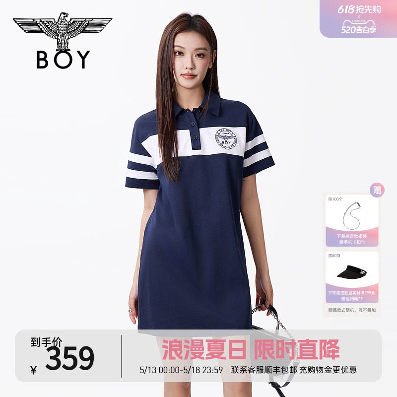 BOYLONDON蓝白撞色条纹简约时尚印花潮牌夏季女款连衣裙W1