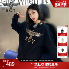 BOYLONDON春季男女同款潮牌朋克百搭印花黑色圆领套头卫衣N03061