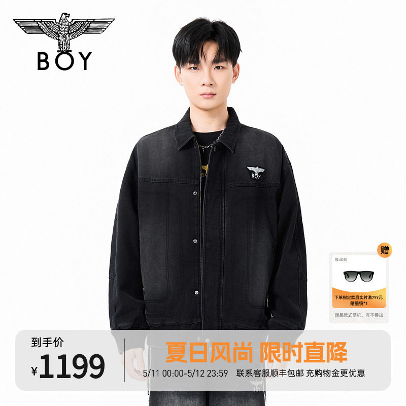 BOYLONDON男女同款帅气翻领水洗冬季黑色潮流百搭牛仔棉服N