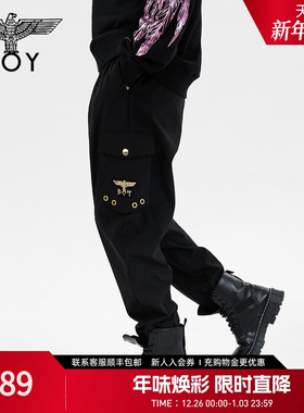 BOYLONDON春季男女同款长裤烫金印花黑色潮牌设计感哈伦裤N34003