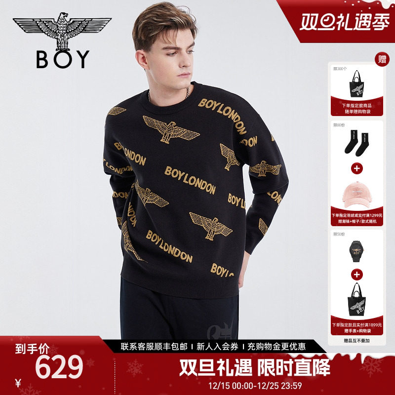BOYLONDON春季情侣款刺绣圆领潮牌百搭长袖针织套头毛衣N6