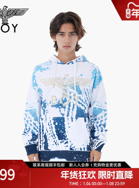 BOYLONDON春季情侣款长袖满印扎染设计感时尚连帽套头卫衣N04011