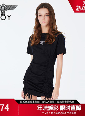 BOYLONDON夏女黑色连衣裙烫钻抽绳设计时尚修身A字裙W17003