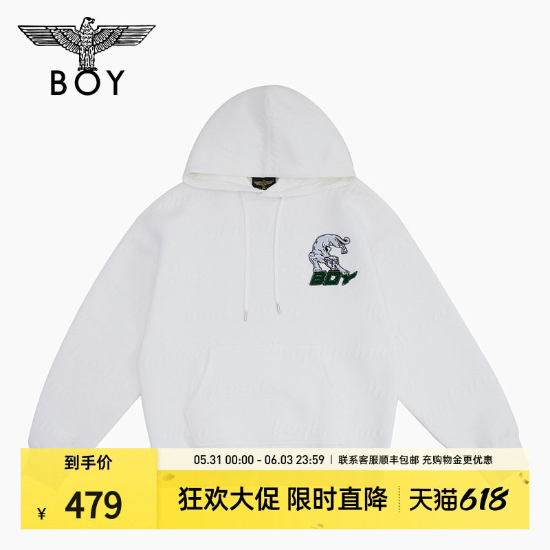 BOYLONDON春季男女同款连帽卫衣斜插袋提花高街朋克长袖N04016