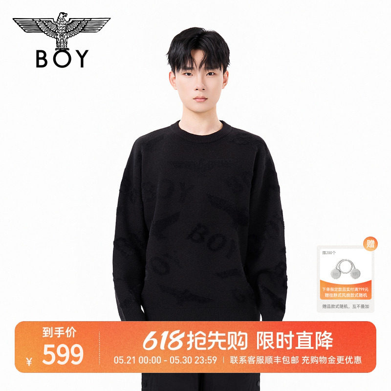 BOYLONDON春秋情侣毛衣简约百搭套头圆领潮流提花针织毛衫N