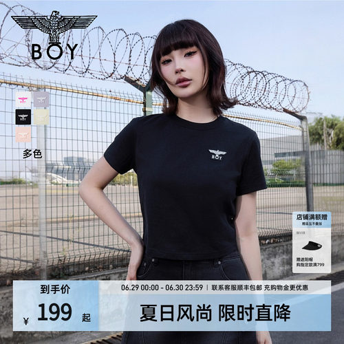BOYLONDON夏季潮牌女短款简约小圆领短袖2026年百搭活力T恤W01926