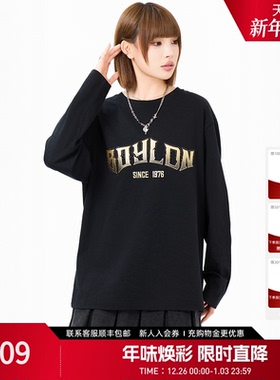 BOYLONDON春季时尚潮牌烫金印花纯棉圆领长袖男女同款T恤N00024