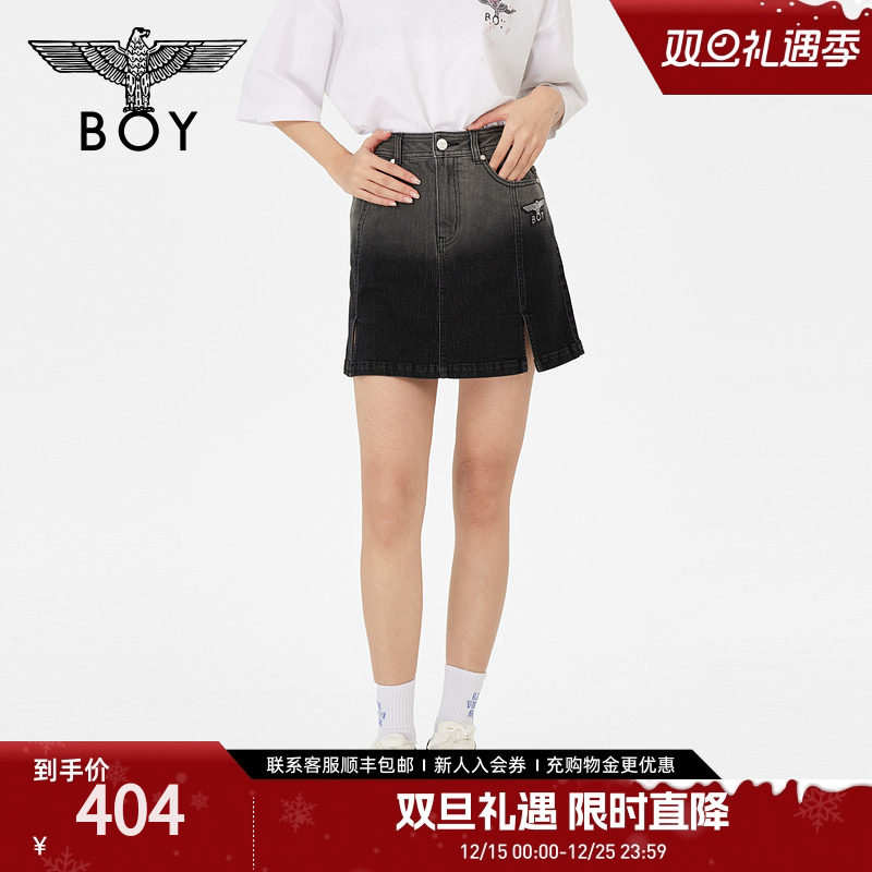 BOYLONDON潮牌牛仔半身裙女夏季黑色显瘦开叉A字短裙W59